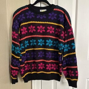 Vintage 90s Jane Adams Floral Sparkle Knit Sweater - Made in USA - 1991 - Size L